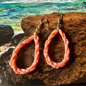 📦 REDUCED! Handcrafted Raw Coral Beaded Drop Earrings